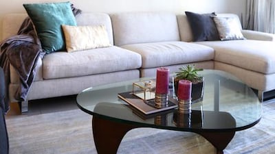 Because the space isn’t huge, El Lababidi placed an L-shaped sofa, from Indigo Living, in the living room, and paired it with an Egg chair in a jaunty shade of blue. Courtesy Harf Noon Studio