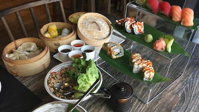 The starter set of dim sum, maki roll platter and salads from the Cho Gao Taste of Asia brunch.