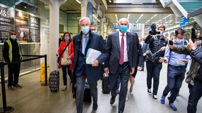 EU envoy to the UK Joao Vale de Almeida, right, at St Pancras International railway station in London with Michel Barnier, who led the EU team in Brexit negotiations. Getty Images