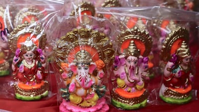 Colourful Indian idols for Diwali festival on display at the shop in Bur Dubai in Dubai. Diwali is the Indian festival of lights. Pawan Singh/The National