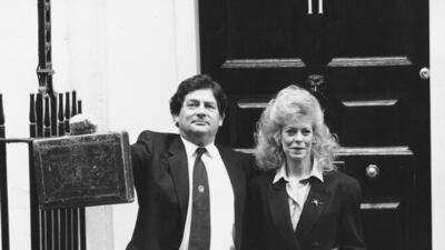 Nigel Lawson and his wife Therese leaving 11 Downing Street prior to the 1988 Budget statement
