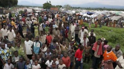 People displaced by conflict outside the United Nations Mission in the Democratic Republic of Congo (Monuc) camp in Rutshuru, on Nov 6 2008.