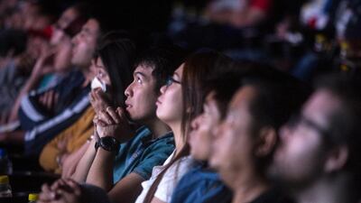 People watch the 'Fight of the Century' between Floyd Mayweather and Manny Pacquiao live at Novo cinemas in the World Trade Centre Mall. Christopher Pike / The National