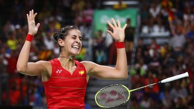 Carolina Marin of Spain celebrates winning the Olympic gold medal at the Rio 2016 Games after beating India's PV Sindhu in the final. The pair will meet again at the Dubai World Superseries Final after being drawn in the same group. Clive Brunskill / Getty Images