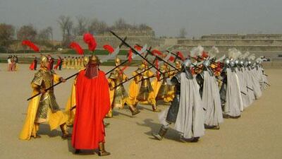 An ancient military demonstration held at Daming Palace National Heritage Park in Xi'an.