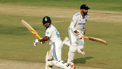 India's Sarfaraz Khan, left, hit a sizzling fifty in the company of Ravindra Jadeja, who scored a ton, on the first day of the third Test against England at the Niranjan Shah Stadium in Rajkot. Reuters