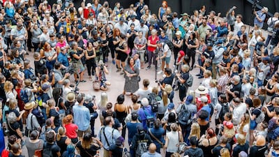 Protesters against the confirmation of Supreme Court nominee Judge Brett Kavanaugh demonstrate in the atrium of the Hart Senate Office Building in Washington, DC. Erik S Lesser / EPA