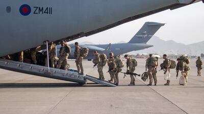 British military personnel boarding a RAF A400M aircraft ahead of departing Kabul Airport as the UK ended 20 years of military involvement in Afghanistan. AFP.