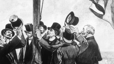 French engineer Gustave Eiffel with some dignitaries on the small platform at the tip of the Eiffel Tower during the Dedication ceremony on March 31, 1889. Getty Images