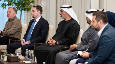 Sheikh Khaled bin Mohamed, Crown Prince of Abu Dhabi and Chairman of Abu Dhabi Executive Council, and Sheikh Theyab bin Mohamed, Chairman of the Office of Development and Martyrs Families Affairs at the Presidential Court, attend the Al Shati meeting with Steve Witkoff, US special envoy, and Kirill Budanov, Director of the Office of the President of Ukraine