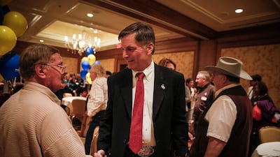 Wyoming State Treasurer Mark Gordon greets supporters in Cheyenne after he was projected to win the gubernatorial race. The Casper Star-Tribune via AP