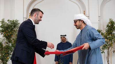 President Sheikh Mohamed witnesses as Mr Spajic and Sheikh Abdullah bin Zayed, Deputy Prime Minister and Minister of Foreign Affairs, exchange agreements during a signing ceremony at Al Shati Palace. Photo: Ryan Carter / UAE Presidential Court