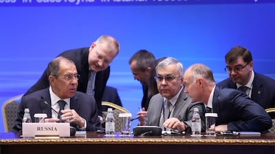 Russian Foreign Minister Sergei Lavrov, left, attends Syria peace talks in Astana in March 2018. Reuters