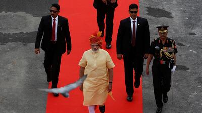 Indian prime minister Narendra Modi arriving to address the nation from the historic Red Fort during Independence Day celebrations in Delhi, India on August 15, 2017. Adnan Abidi/Reuters