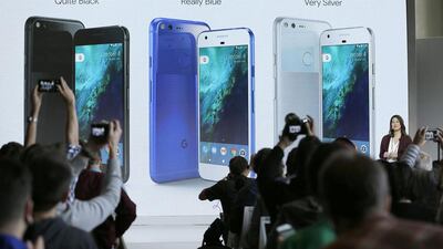 Ms Ellis talks about the colours of the new Google Pixel. Eric Risberg / AP