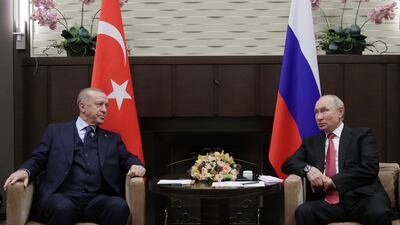 Presidents Recep Tayyip Erdogan and Vladimir Putin in Sochi, Russia, in 2021. EPA
