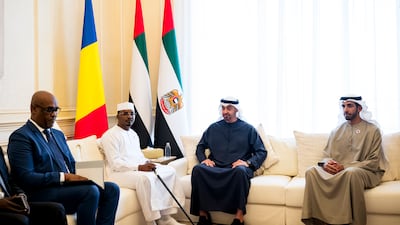 Sheikh Mohamed and Sheikh Shakhboot bin Nahyan, Minister of State, with Mr Deby