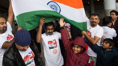 Members of the Greater Manchester Malayalee Hindu Community arrive at Wembley Stadium in London to hear Indian Prime Minister Narendra Modi speak in 2015
