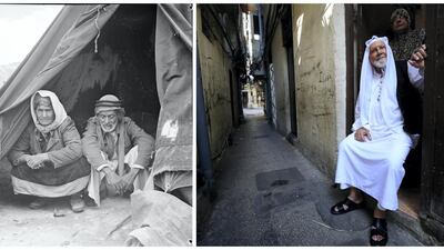 A combination picture shows Palestinian refugees sitting inside their tent in the newly formed Ein El Hilweh refugee camp in Beirut, Lebanon, in this handout picture believed to be taken in 1948 and an elderly Palestinian man sitting with his wife standing behind him, poses for photo inside their house at the Ain el-Hilweh refugee camp near Sidon, southern Lebanon, September 24, 2019. REUTERS