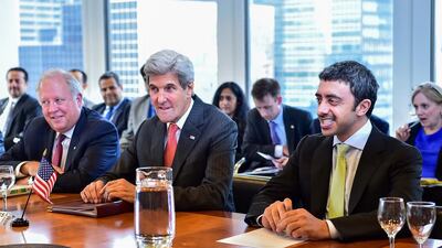 Sheikh Abdullah bin Zayed, Minister of Foreign Affairs and International Cooperation, with John Kerry, the US secretary of state, at a meeting in New York to discuss the crisis in Yemen. Wam