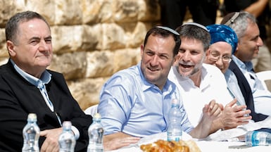 Israeli Defence Minister Israel Katz, Yossi Dagan, head of the Shomron Regional Council, and Finance Minister Bezalel Smotrich at a settlement event in Sa-Nur in the occupied West Bank, in April. AFP