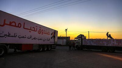 Lorries carrying Egyptian aid at Rafah border crossing between Egypt and the Gaza Strip. EPA
