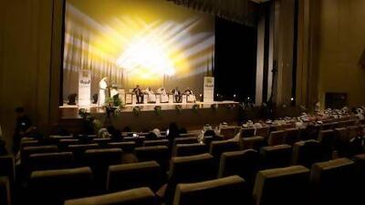 Former senior member of the Muslim Brotherhood, Tharwat Al Kharbawi, speaks to an audience at Zayed University about the implications of joining the group. Fatima AL Marzooqi / The National