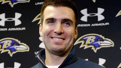 Baltimore Ravens quarterback Joe Flacco speaks to the media after signing his new deal with the team.