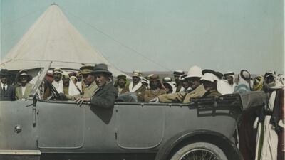 T E Lawrence, Sir Herbert Samuel, and others in an automobile. Meetings of British, Arab, and Bedouin officials in Amman in April 1921. Courtesy: Library of Congress, Prints & Photographs Division