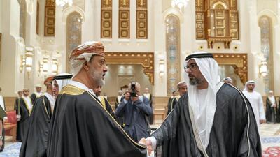 Maj Gen Sheikh Khaled bin Mohamed, Deputy National Security Adviser, member of the Abu Dhabi Executive Council and Chairman of Abu Dhabi Executive Office, offers condolences to Sultan Haitham bin Tariq. Mohamed Al Hammadi / Ministry of Presidential Affairs