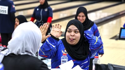 Haya Ghazan celebrates her performance at the bowling event, at the UAE Games. Victor Besa / The National
