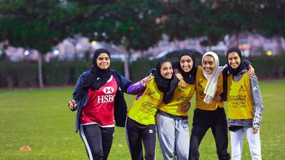 From left to right, Emirati rugby players Asma Al Zaabi, Rouda Al Suaidi, Shamsa Al Muhairi, Hind Al Muathem and Maryam Al Hay.