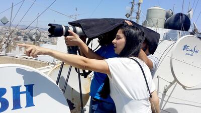 Top, filmmaker Samia Badih on the set of Rasheed, a documentary on her uncle. Courtesy Samia Badih