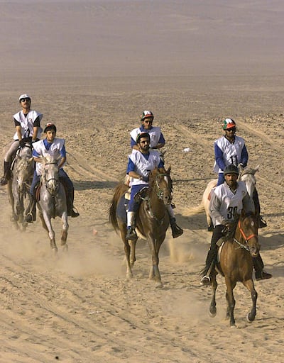 Sheikh Mohammed bin Rashid wins the 100km endurance race in Saqqara, south of Cairo, in 2000, when his sons, Sheikh Rashid and Sheikh Hamdan, finished second and third. AFP