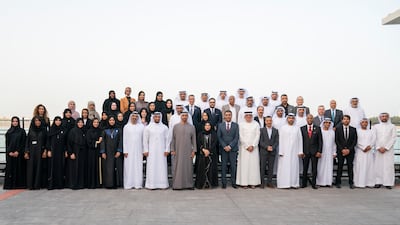 President Sheikh Mohamed with members of the Department of Health Abu Dhabi during a Sea Palace barza. Alongside him are Sheikh Abdulla bin Mohamed, Abu Dhabi Executive Council member and chairman of the Department of Health, and Dr Farida Al Hosani, spokeswoman for the UAE Health Sector. Photo: Eissa Al Hammadi for the Ministry of Presidential Affairs