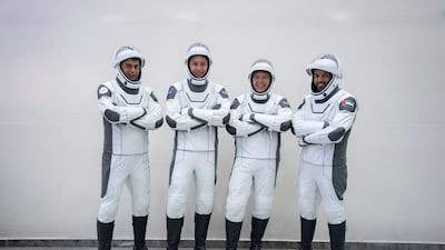 SpaceX Crew-6 astronauts pose for a portrait during a crew equipment integration test at the company's headquarters in Hawthorne, California. From left, in their pressure suits are, Mission Specialist Andrey Fedyaev of Roscosmos; Pilot Warren 'Woody' Hoburg and Commander Stephen Bowen, both from Nasa; and Mission Specialist Sultan Alneyadi from the Mohammed bin Rashid Space Centre.