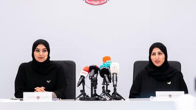 Dr Amna Al Dahak, (L), assistant undersecretary at the Ministry of Education and Dr. Najiba M Abdularazzaq, head of the Infection Prevention and Controls Central Committee at the Ministry of Health at a press conference on Covid-19. Reem Mohammed / The National