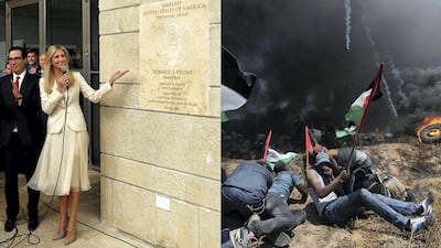 Senior White House Adviser Ivanka Trump and US Treasury Secretary Steven Mnuchin at the dedication plaque as the US embassy opened in Jerusalem on May 14, 2018, but in Gaza, protests against the embassy's relocation from Tel Aviv to the holy city left more than 55 dead, as Israeli armed forces fired and dispersed tear gas against demonstrators. Ronen Zvulun and Ibraheem Abu Mustafa / Reuters