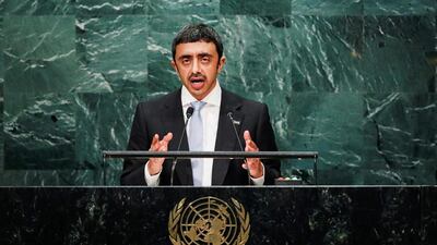 Sheikh Abdullah bin Zayed, Minister for Foreign Affairs and International Cooperation, addresses the United Nations General Assembly in New York. Eduardo Munoz / Reuters