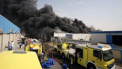 The scene of a fire which broke out in a tyre warehouse in Industrial Area 17, at about 12pm, in Sharjah on Friday, April 16, 2010.