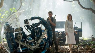 Chris Pratt and Bryce Dallas Howard in Jurassic World. Courtesy Universal Pictures via AP Photo