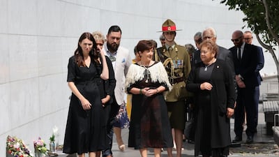 New Zealand Governor General Dame Patsy Reddy and New Zealand Prime Minister Jacinda Ardern attend the wreath laying in front of the memorial wall during the national memorial service marking the 10th anniversary of the 2011 Christchurch earthquake. Getty Images