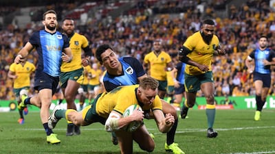 Australia wing Reece Hodge scores a try during the Rugby Championship match against Argentina at Suncorp Stadium in Brisbane. EPA