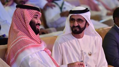 Vice President and Ruler of Dubai Sheikh Mohammed bin Rashid talks to Saudi Crown Prince Mohammed bin Salman during the Future Investment Initiative conference. AFP
