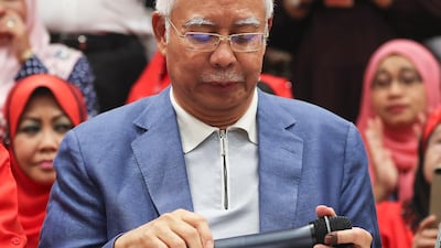 Former Malaysian Prime Minister Najib Razak reacts during a press conference in Kuala Lumpur, Malaysia, 12 May 2018. Razak is embroiled in a corruption scandal and has been placed on a no fly list. Fazry Ismail / EPA