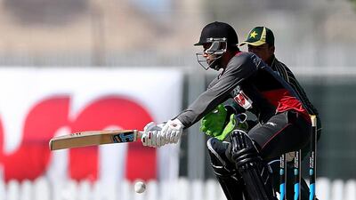 Mohammad Naveed of UAE plays a shot against Pakistan A team at the ICC Global Academy at the Dubai Sports City in Dubai on Thursday. Satish Kumar / The National