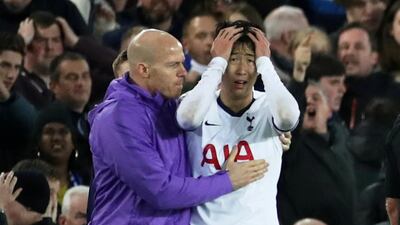 Distraught Tottenham Hotspur player Son Heung-min after his tackle resulted Andre Gomes of Everton sustaining a broken ankle in their Premier League match on Sunday, November 3. Reuters