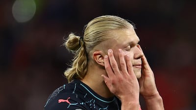 Manchester City's Erling Haaland reacts after missing a chance against RB Leipzig. Reuters