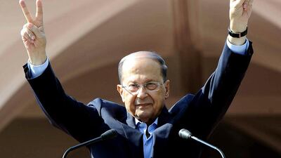 Lebanese president Michel Aoun gesturing as he addresses his supporters east of Beirut this month. Dalati Nohra / EPA