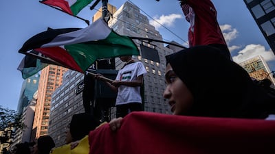 Palestinian supporters attend a rally in Manhattan, New York, in June. AFP